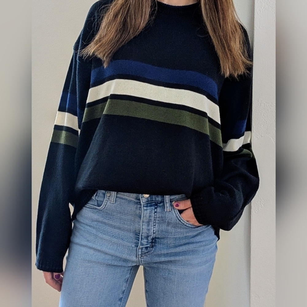 Vintage 90's Skater Striped Oversized Crewneck Sweater In Black/Navy/Green/White - Picture 2 of 9